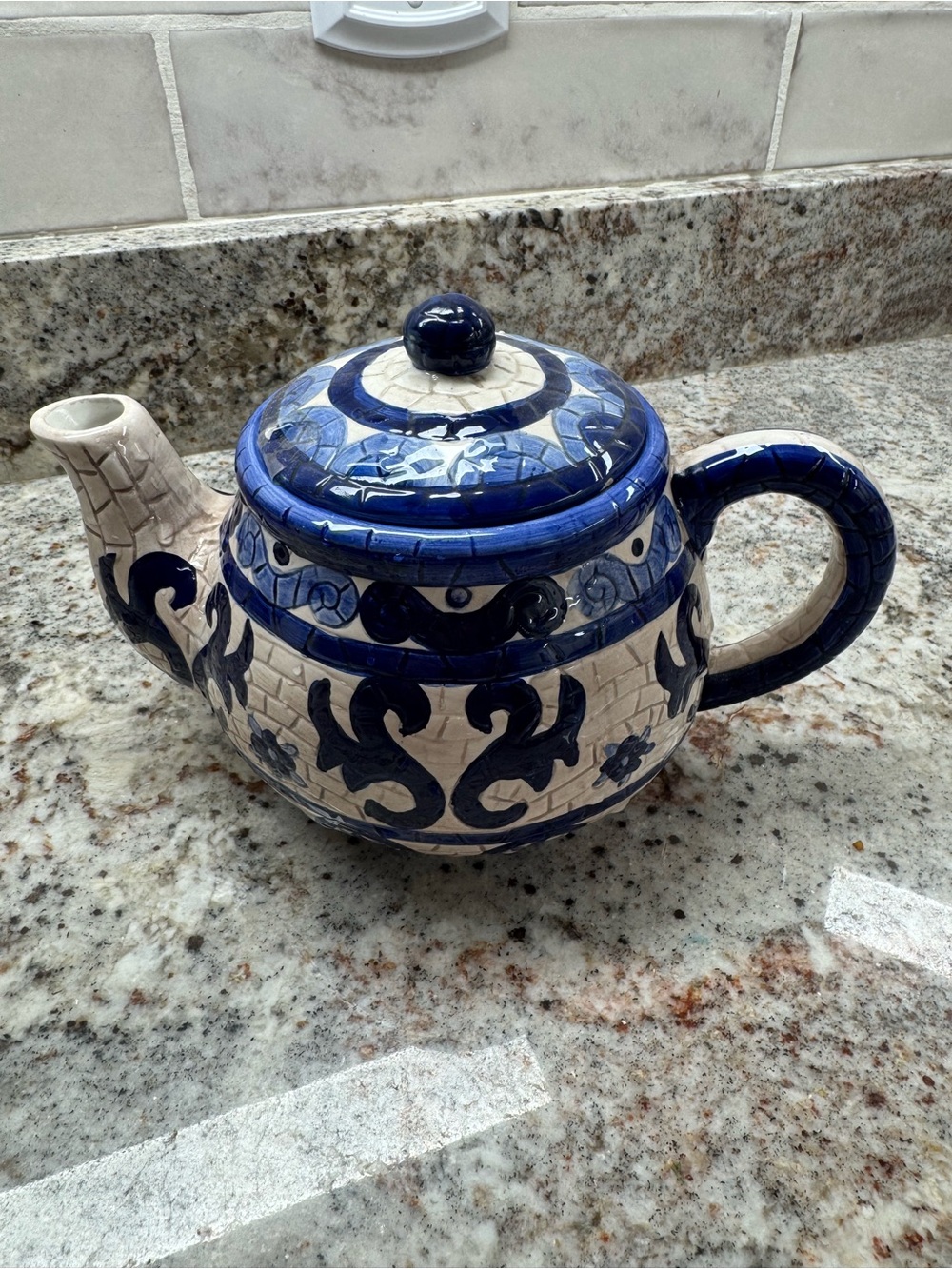 Hand-Painted Blue and Cream Ceramic Teapot - Decorative Home Art